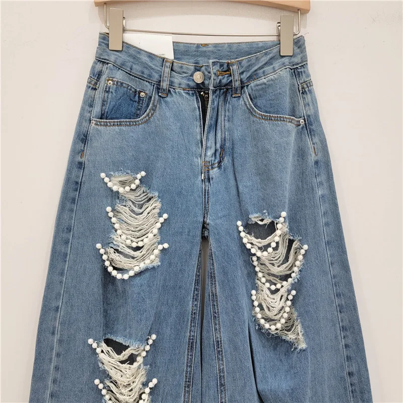 Street Style Ripped Denim Trousers Female  2024 Spring Summer New Handmade Pearl Loose Baggy Jeans Boyfriend Jeans for Women