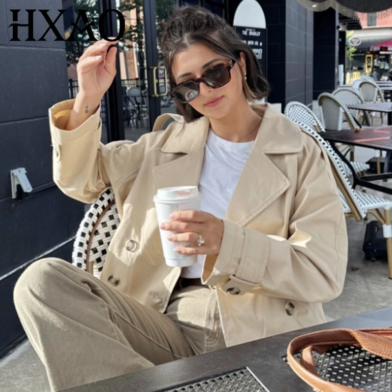

HXAO Crop Khaki Jacket Women's Jacket Autumn 2025 Casual Button Long Sleeve Windbreaker Elegant Outerwears Fashion Trench Coat