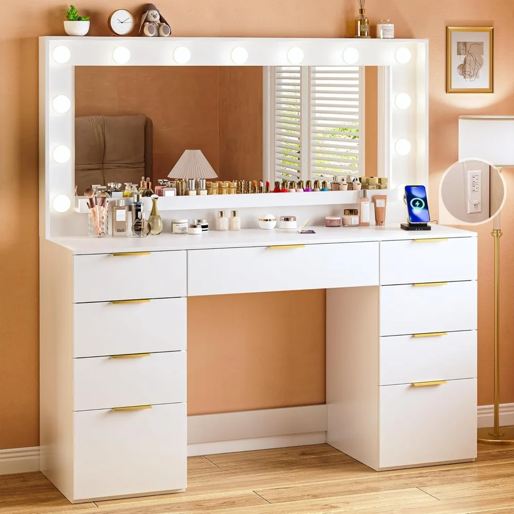 

Vanity Desk with Large Mirror and Lights, 45.3in Makeup Vanity with Power Outlet 9 Drawers & Storage, 3 Lighting Color Adjustabl