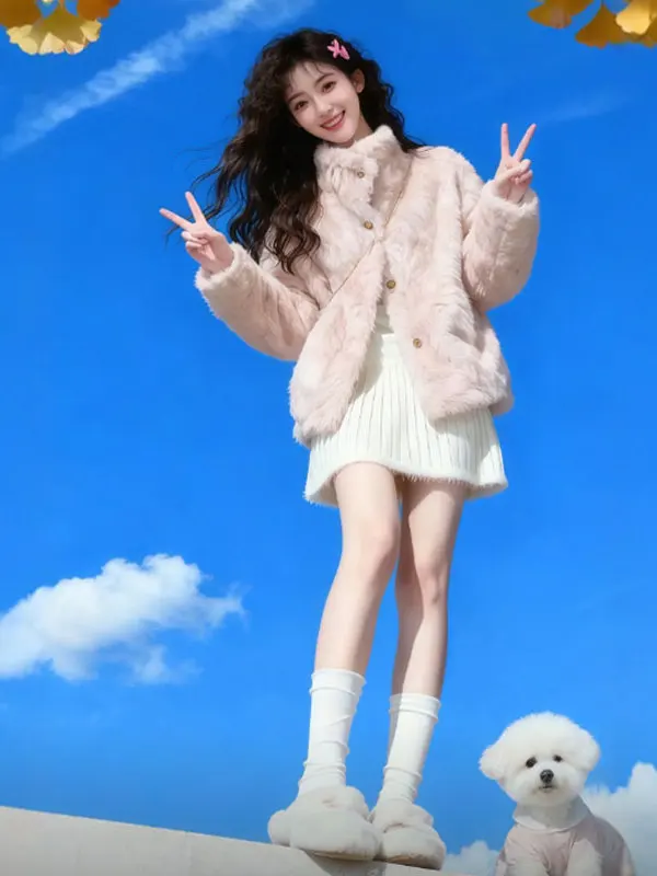 

Faionable Lamb Fur Coat Ele All-Weather Outerwear Sli Winter Jaet Eco-friendly Full-Pelt Design High Collar Frenc...