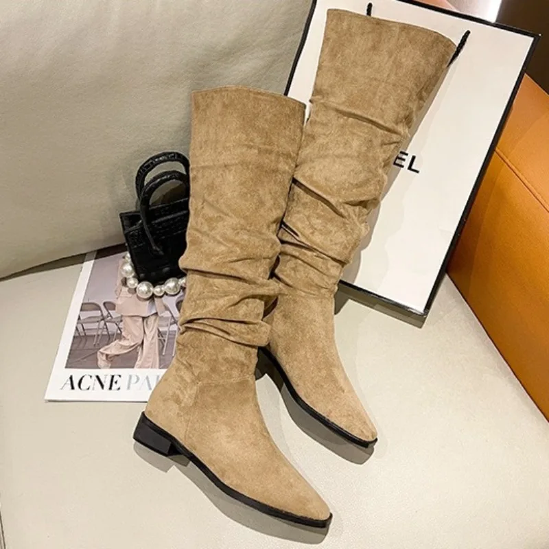 Women's Boots Temperament Suede High Tube Chelsea Boot Khaki Pleated Stacking Designer Boots Fashion Women's Knight Boots Botas