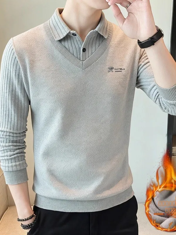 

Men's Knitted Fce Lined Thiened Inteated Velvet Collar Base irt Casual Sle Mid-aged And Youth Suitable