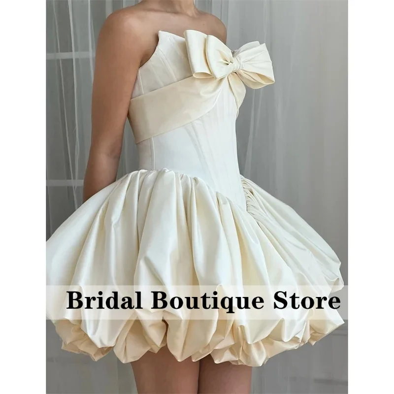 Customized Ivory Bow Mini Ball Gown Wedding Dresses Sleeveless Corset vestidos de noche Strapless Gorgeous Formal Evening