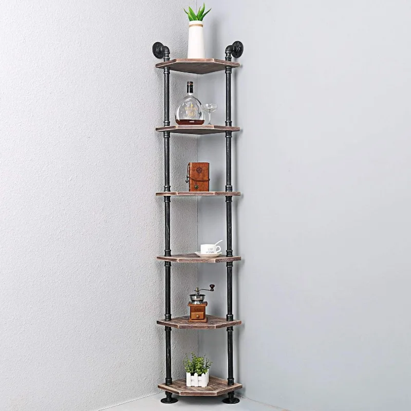 Industrial Pipe Shelves Modern/Rustic Corner Book Shelves with Real Wood,Corner 6-Tier Bookshelf Display Stand