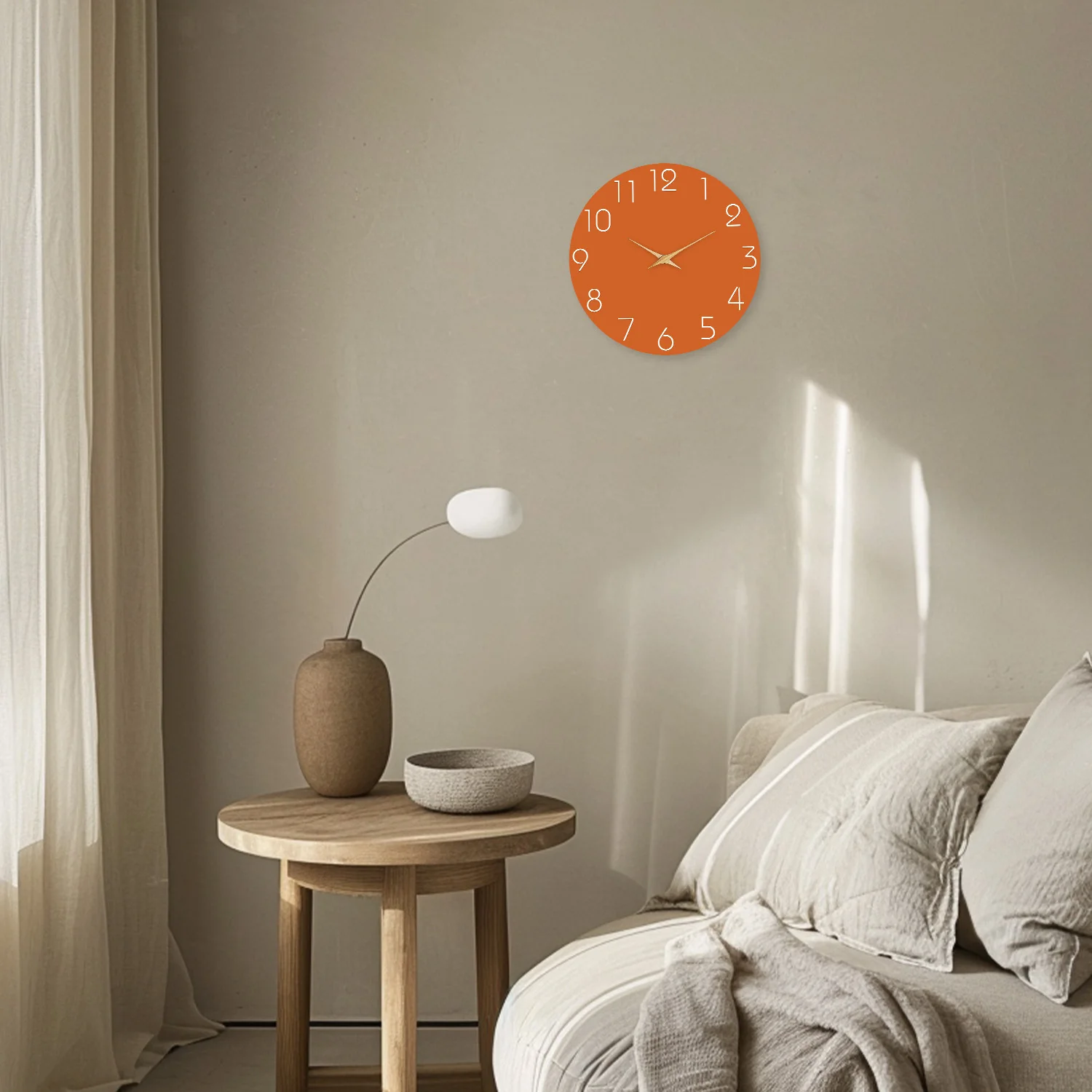 Modern Simple Orange Background Pattern Wooden Wall Clock Living Room Bedroom Kitchen Home Decoration Wall Clock Silent Quartz Clock Holiday Gift