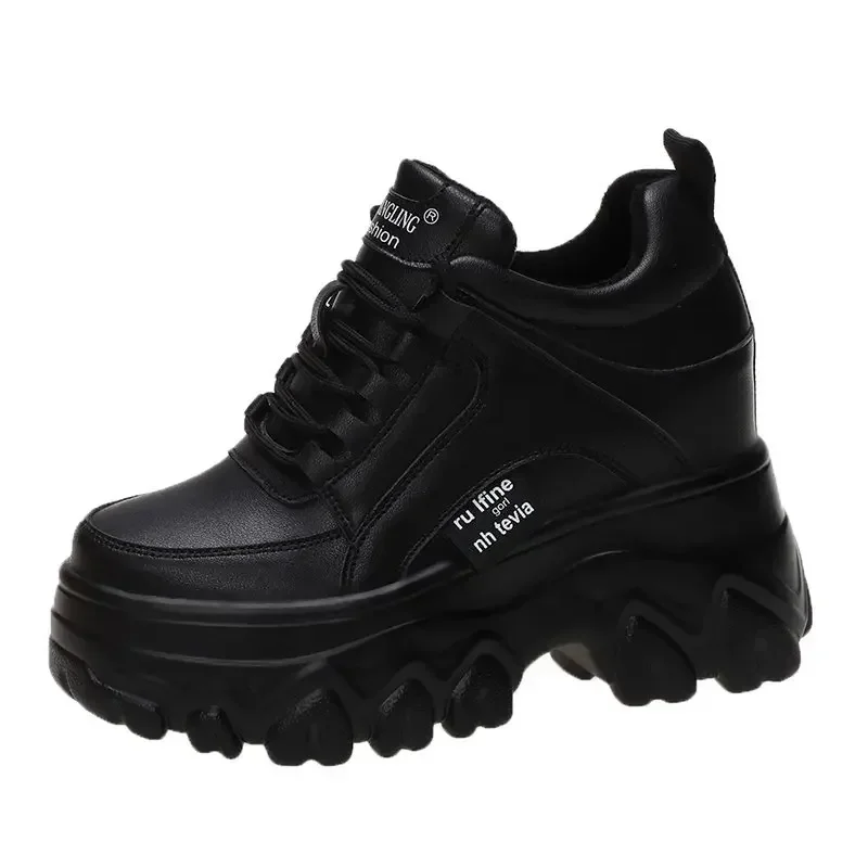 Zapatillas de deporte con plataforma para Mujer, botines con plantilla de felpa de piel cálida, zapatos gruesos de tenis con cordones de 9CM para Primavera e Invierno