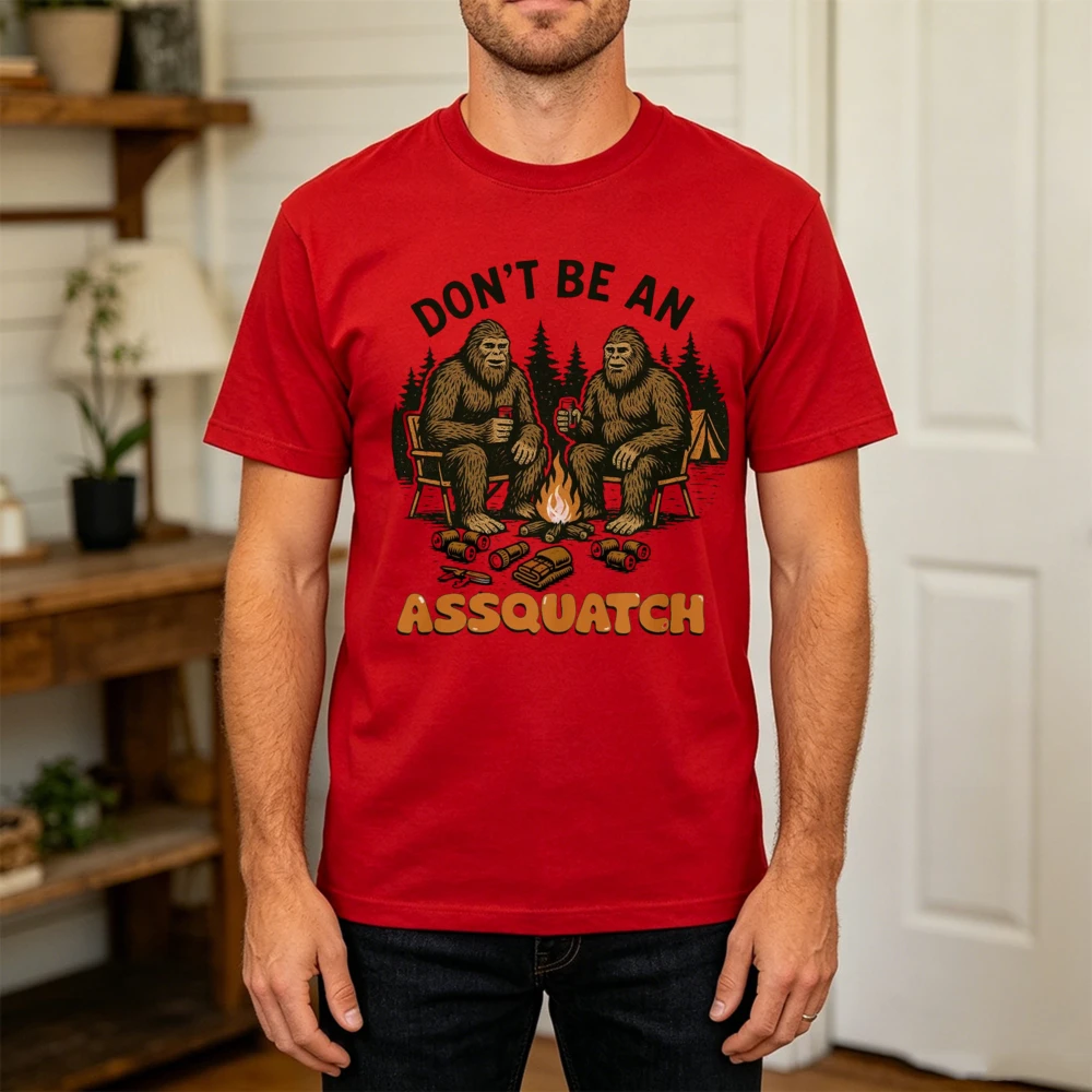 Don't Be An Assquatch Bigfoot Print Cotton Tshirt For Men, Outdoor Camping Casual Apparel, Vintage Print Tee