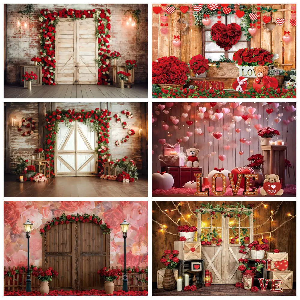 

Valentine‘s Day Backdrops Backdrop for Photography Red Rose Love Heart Balloons Brick Wall Wedding Background Photo Studio Props