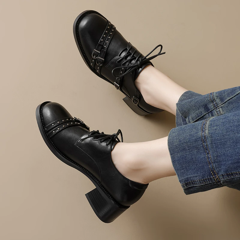 الصلبة اللون مضخات النساء جلد العجل جولة تو الربيع أزياء السيدات اللباس أحذية كعب سميك 4.5 سنتيمتر اليدوية