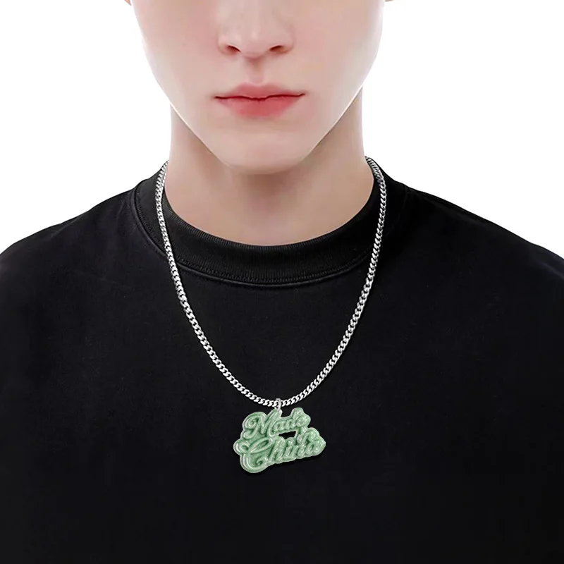 Original Natural A-grade Jade Chinese English Character Pendant Steel Titanium Cuban Chain Hip Hop Style Personalized Jewelry