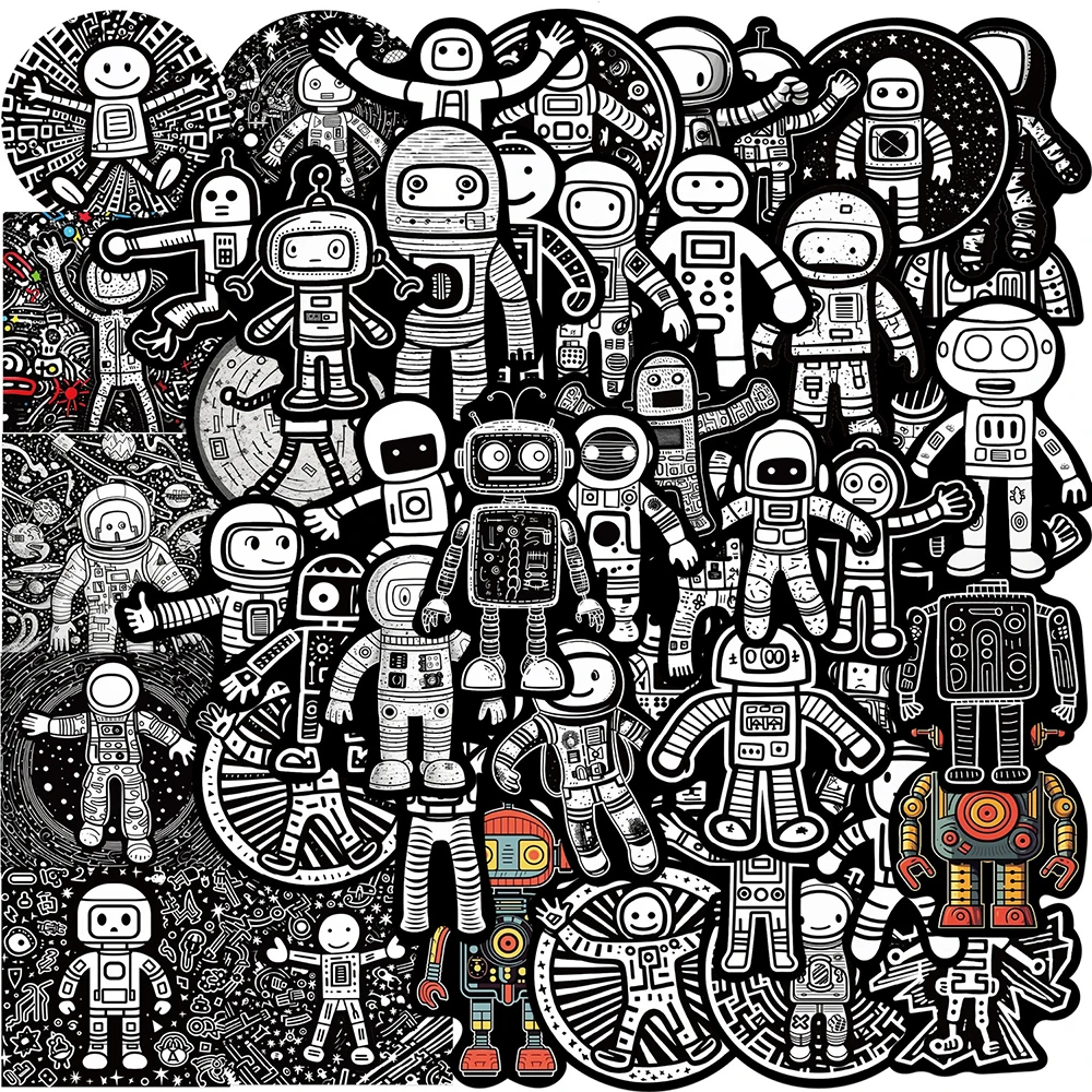

10/30/50pcs Black White Space Astronaut Robot Graffiti Stickers Laptop Skateboard Phone Car Cool Waterproof Sticker for Kids Toy