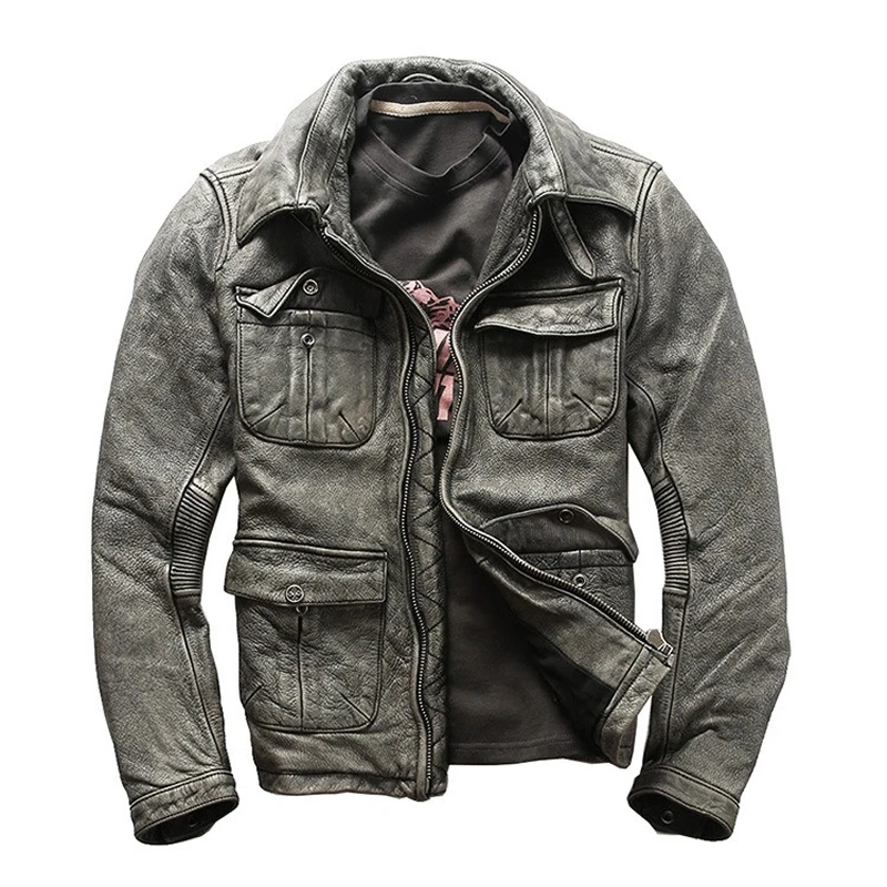 

AVFLY 2023 Men Vintage Gray Genuine Cowskin Motorcycle leather jacket Fashion Multi-pocket Cowhide Jackets Winter Russia Coat