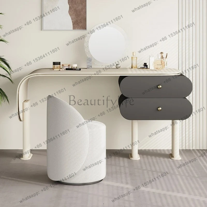 

Cream Wind Minimalist Saddle Leather Dresser Bedroom Storage Cabinet Makeup Table Integrated