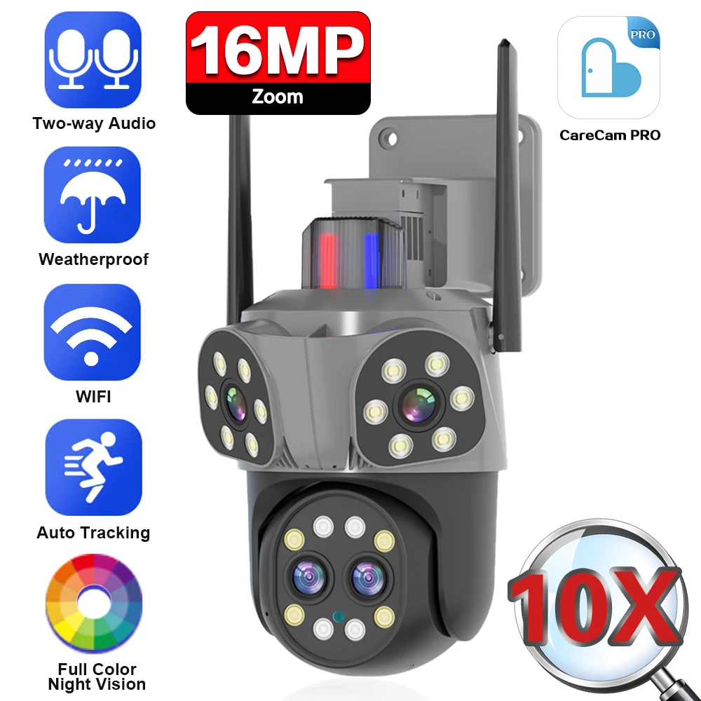 

16MP IP Camera Outdoor 4K PTZ Security Cam 10X Zoom WiFi Surveillance Three Screen Four Lens Wireless CCTV Camera Auto Tracking