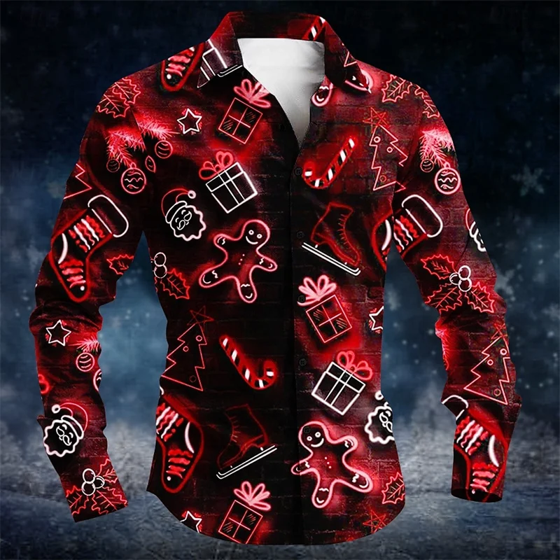 Kerst Santa Peperkoek Sokken Casual Heren Knoop Lange Mouw Feest Avond Herfst Winter Revers Shirt 3d Afdrukken Dun