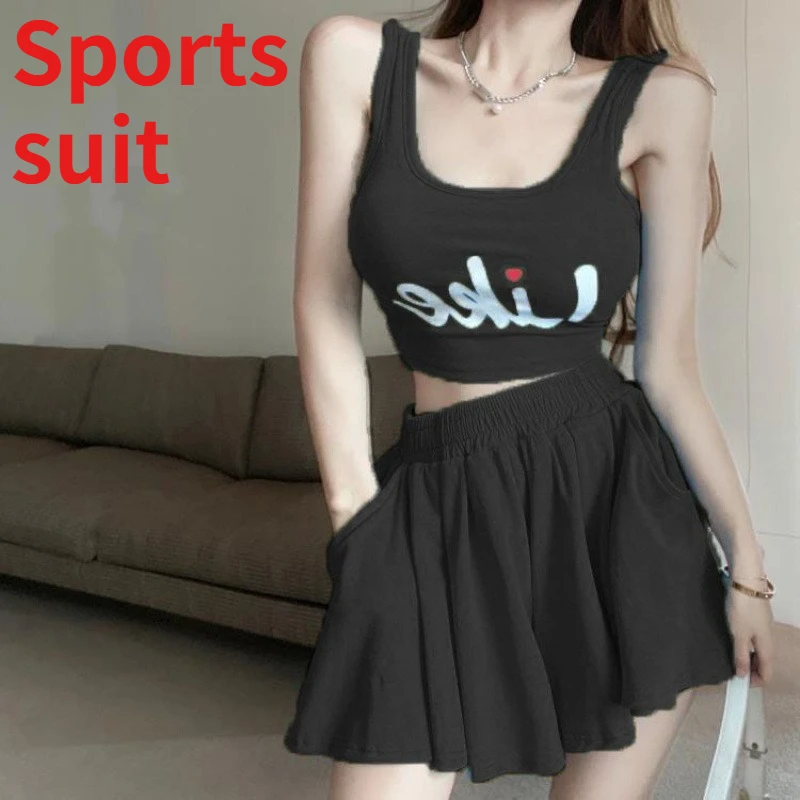 

2PCS Dopamine with Chest Pad Casual Sports Suit Culottes Women Summer Babes Yoga Fitness Running Skirt Pants Two-piece Set