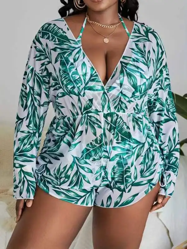 Large Size 4XL Women's Tropical Print 3 Pieces Swimsuit Sexy Micro Bikini Set+Bodysuit Cover-Up Beachwear High Waist Swimwear