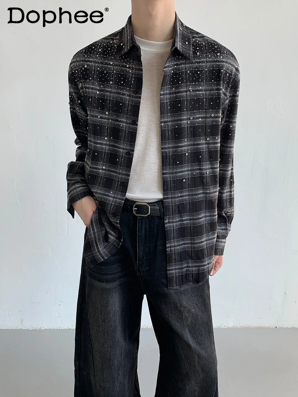 2025 Autumn New Starry Heavy Rhinestone Plaid Shirt Handsome Men's Casual Loose Long Sleeve Shirt Jacket