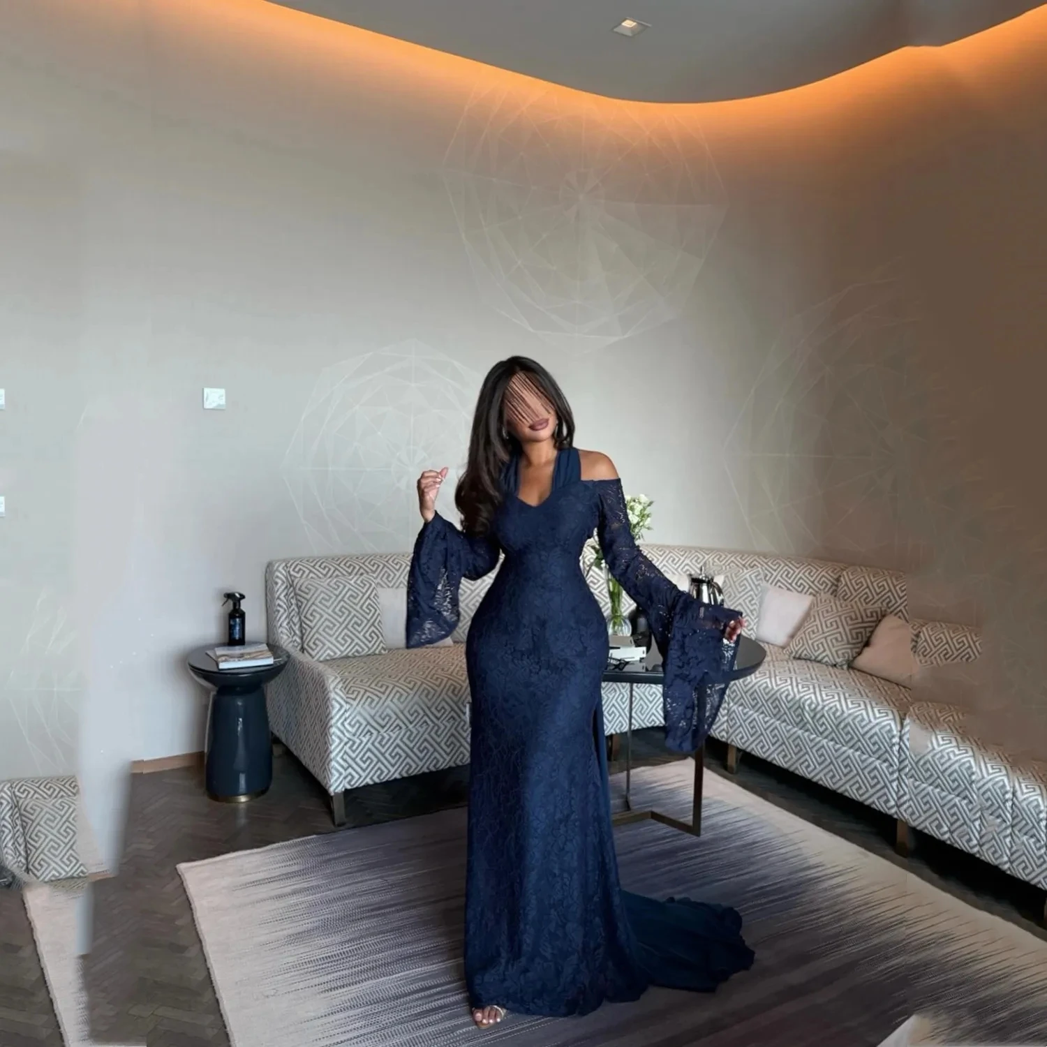 

Lace Halter Long Sleeves Bespoke Occasion Gown Evening Dresses Pastrol Unisex Jersey Retro Dubai Saudi Arabic Prom Customized