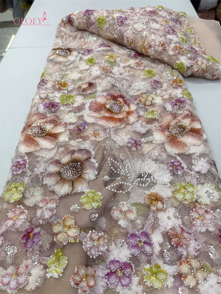 

OLOEY Luxury Nigerian African Beaded Lace Fabric with High Quality Sequins Embroidery French Lace for Sewing Latest Design