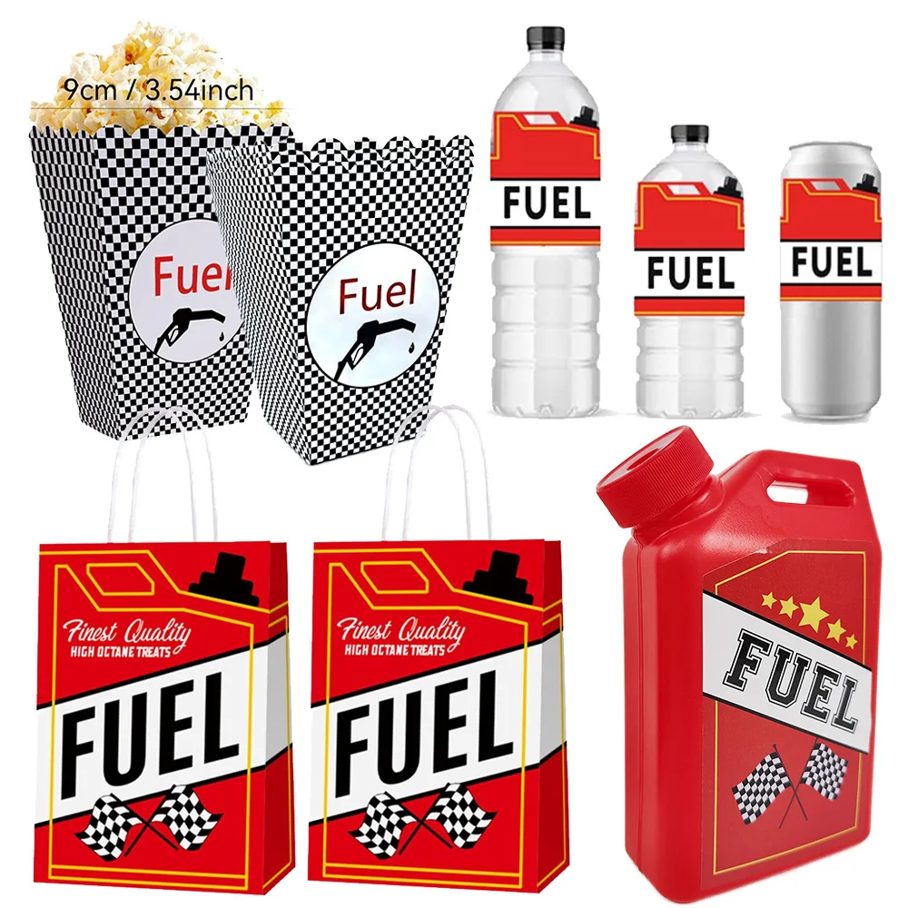 Racing Auto Kraftstoff Thema Popcorn Box Papiertüten mit Griff Wasser Flasche Aufkleber Kunststoff Tasse Jungen Geburtstag Party Decor Liefert – Detail 1