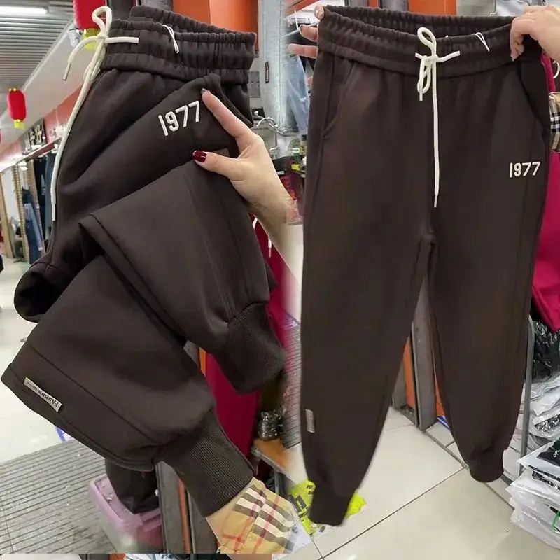 Pantaloni casual da donna con fodera in pile con coulisse, pantaloni sportivi stile harem ricamati