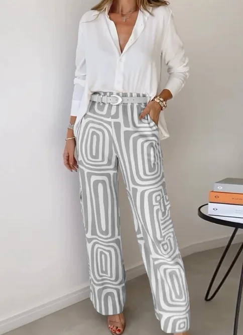 

Elegant Shirt Print Pants Suits For Women Casual Lapel Tops Belt Wide Leg Pants Sets 2024 New Lady 2 Piece Set Vacation Suits