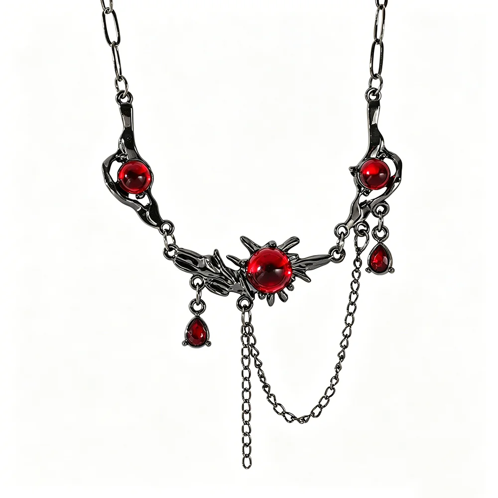 Hiphop Red Zircon Pendant Necklace for Men Chokers Black Chain Red Crystal Waterdrop Tassel Double Layered Neck Chain
