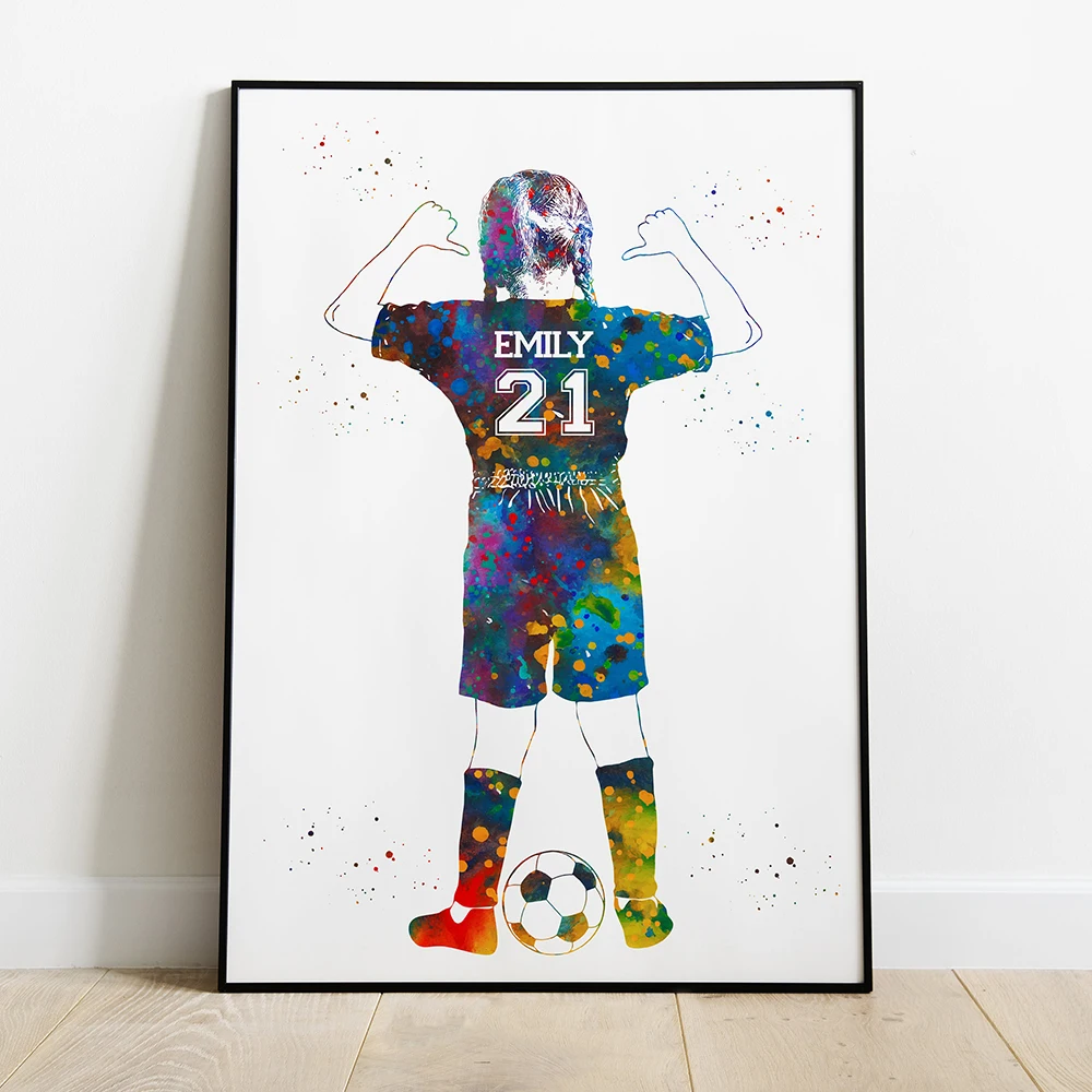 Soccer Player Little Child with Ball Personalized Watercolor Art  Poster Custom Name and Number Sport Idea Gift Bedroom Decor