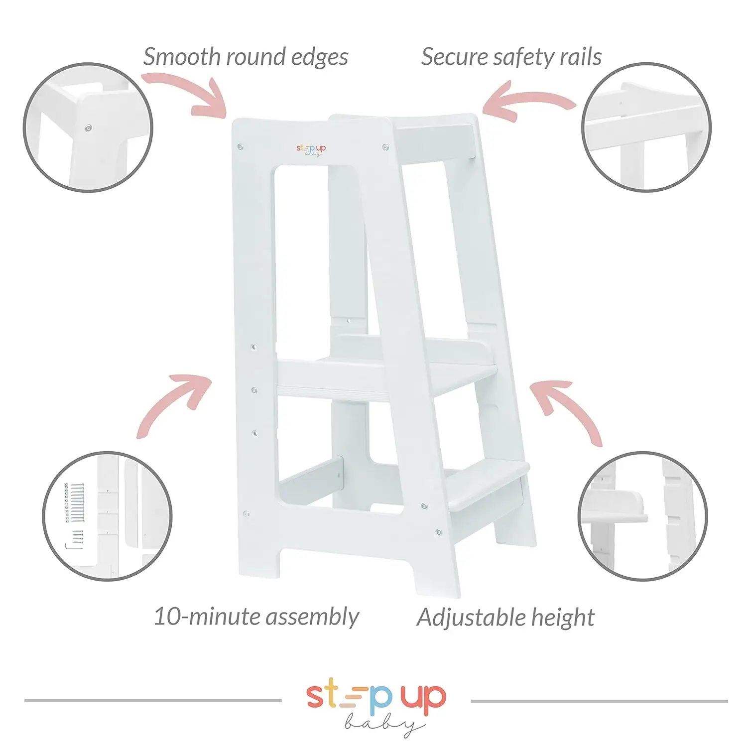 Torre infantil de madera ajustable para bebé |   El taburete con escalón seguro y resistente se adapta a debajo de los contadores de cocina |   Torre de pie con riel de seguridad