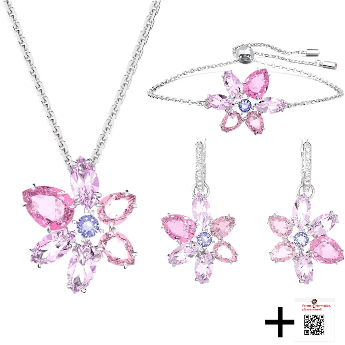 

2025 Новый комплект украшений с цветочным рисунком розового драгоценного камня — сверкающее ожерелье, браслет и серьги, комплект из трех предметов, модный и классический