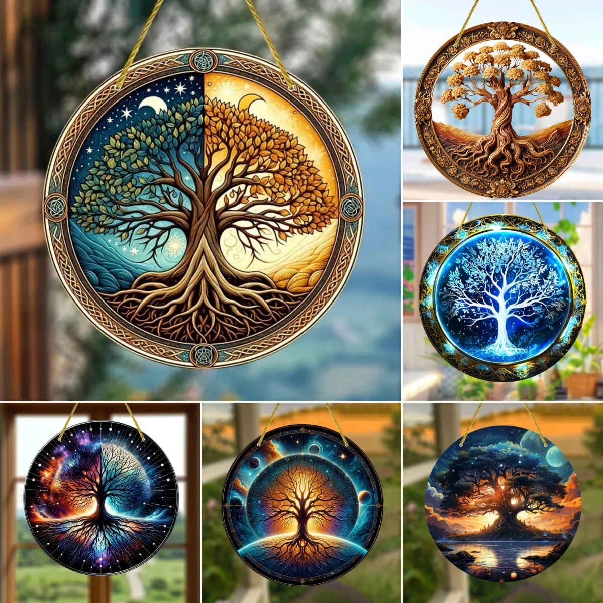 Life-tree Suncatcher Stained Window Hanging,translucent Round Acrylic Sign,Season Decor for Windows,Yard,Home, Kitchen,room,cafe