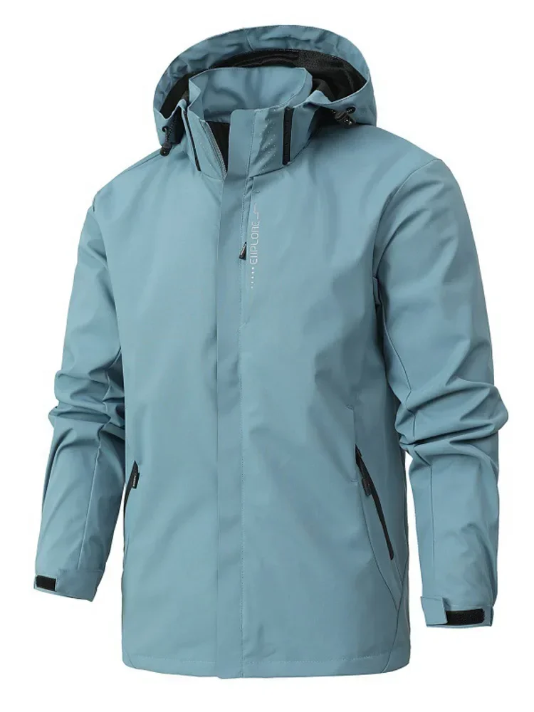 Men's lightweight windproof and waterproof jacket, zipper long sleeved hooded jacket, solid color, outdoor hiking