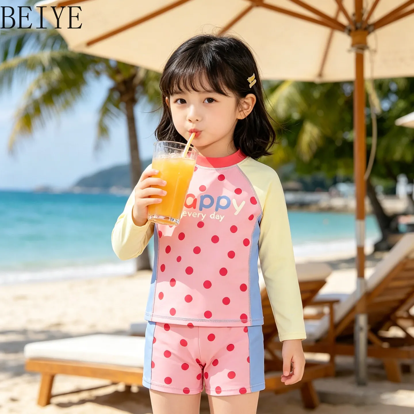 Girls' Two-piece Swimsuit Kids' Long-sleeve Quick-dry Sun Protection Swimwear Beach Vacation Outfit for Girls and Toddlers