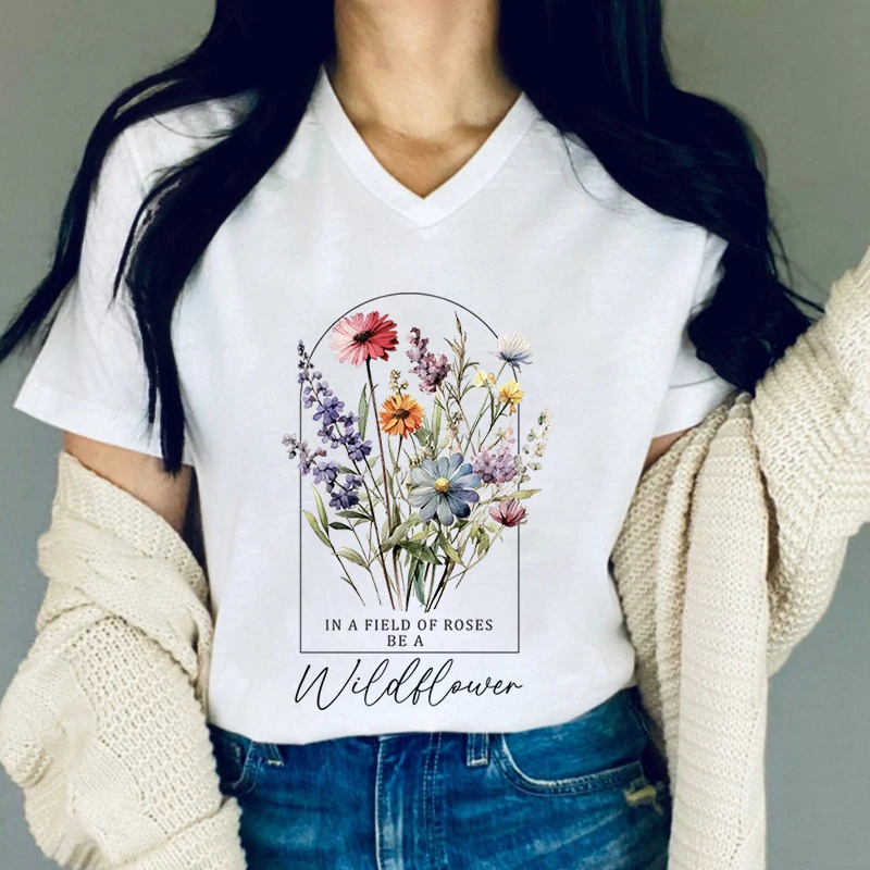 

Woman Retro Floral Print V-neck T-shirts Positive Summer Flower Botanical Nature Lover Top Floral Art Wildflower Design T-Shirts