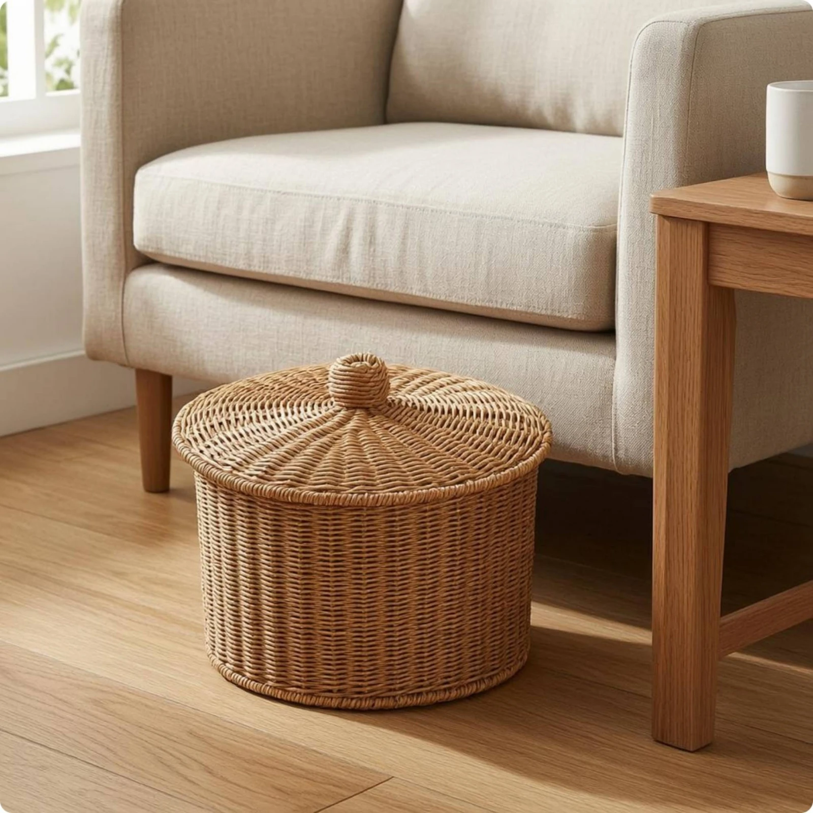 Round Rattan Lid Made with Tight Braided Texture Hand-woven Knob Cover for Organized Containers at Home