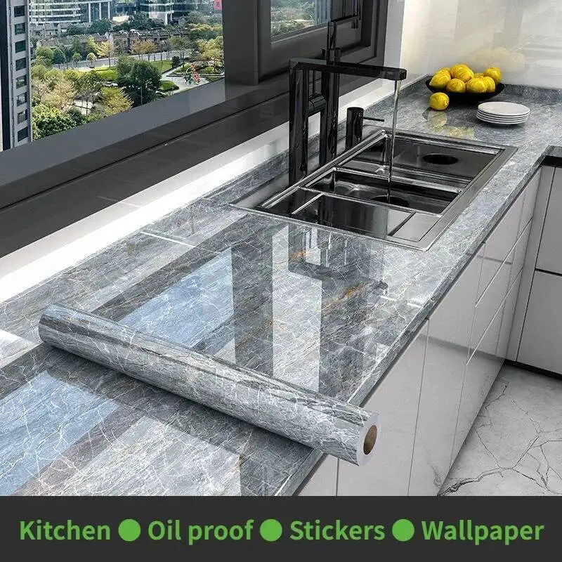 

10M X 80CM Marble Self Adhesive Wallpaper Waterproof Oil Proof Kitchen Stickers Thermostability Decorative Film Home Decor