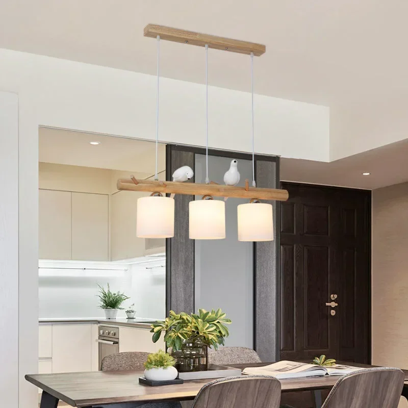Nordic style restaurant chandelier modern simple creative personality home dining room table log three-head bird lamp