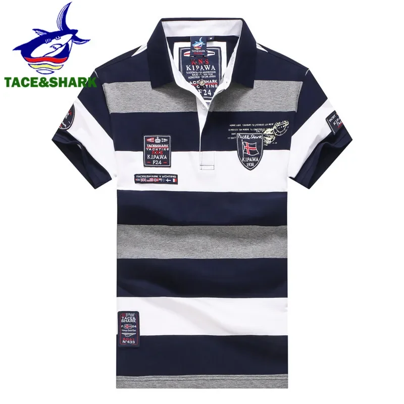 

TACE&SHARK 2018 New style Fashion Summeer Men Wide stripe polos homme Casual embroidery Short sleeve polo shirt male para hombre