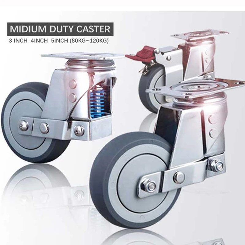 4inch shock absorb mute TPR wheels with total lock  double spring loaded Damping Caster Shockproof Industrial caster wheels
