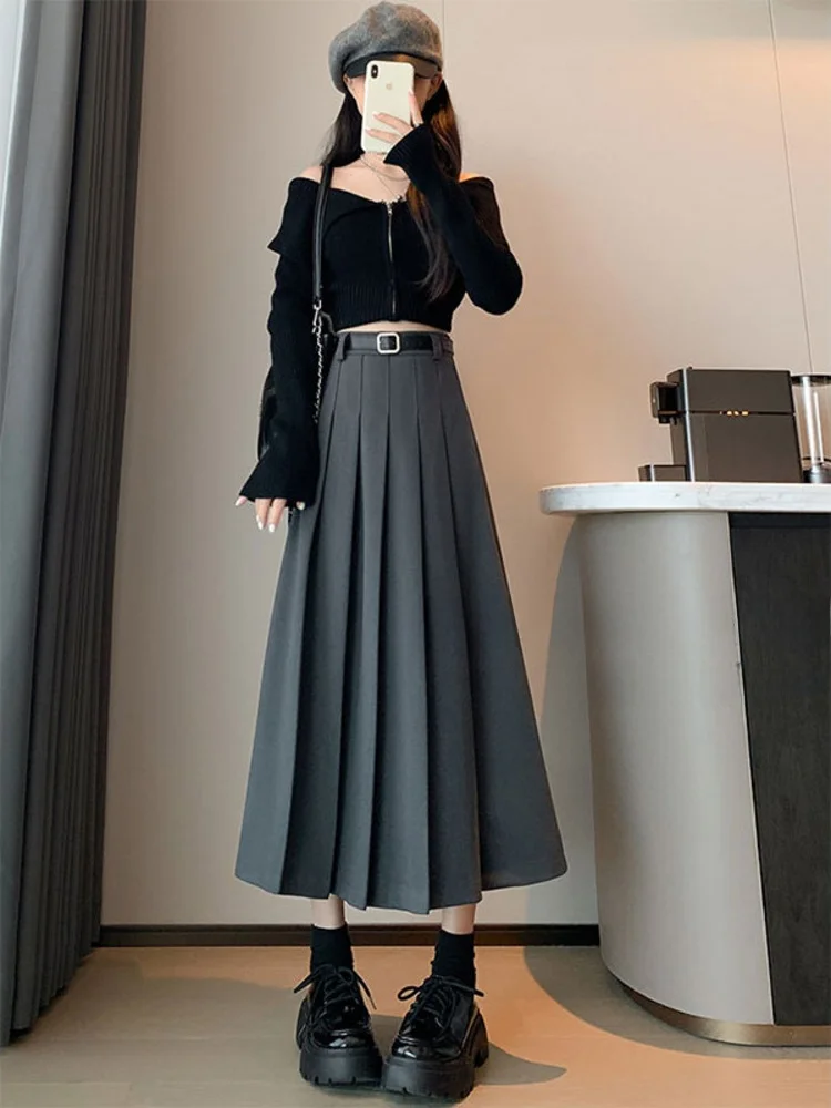 

Темно-серая шерстяная юбка в корейском стиле с высокой талией, плиссированная, А-силуэт, для женщин, модная новинка Весна 2026