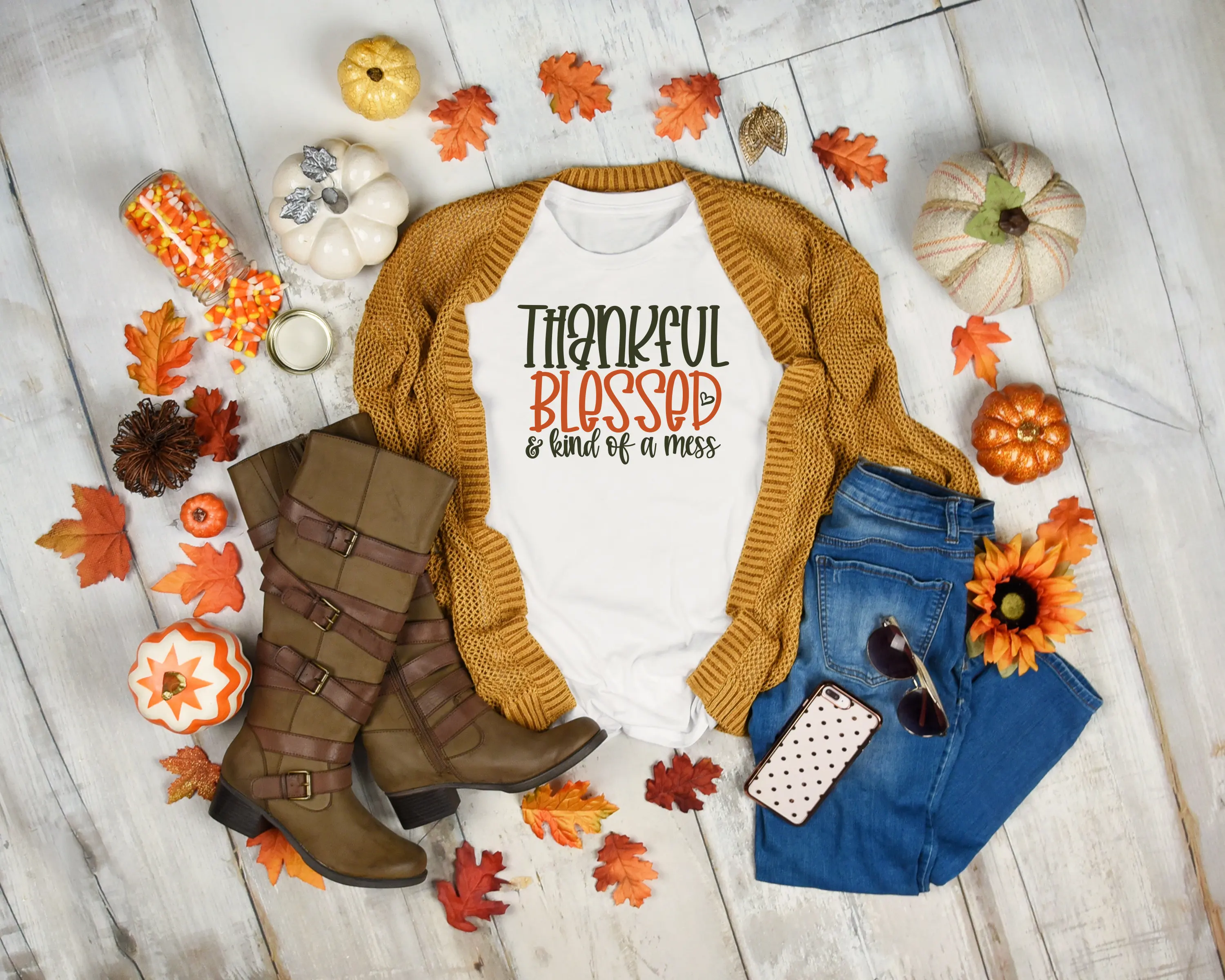 Thankful Blessed Kind Of A Mess T Shirt Thankgiving Cute Fall Autumn Thanksgiving Day Pumpkin Funny