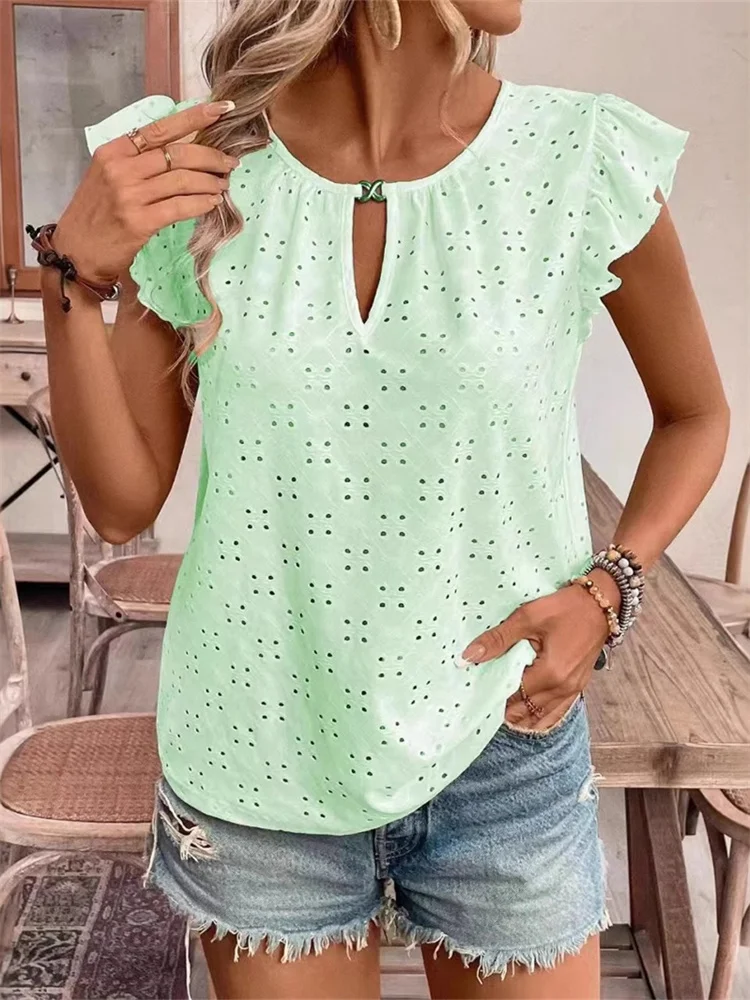 

Spring and summer European and American new jacquard V-neck push sleeve short sleeved T-shirt top cross-border women's clothing