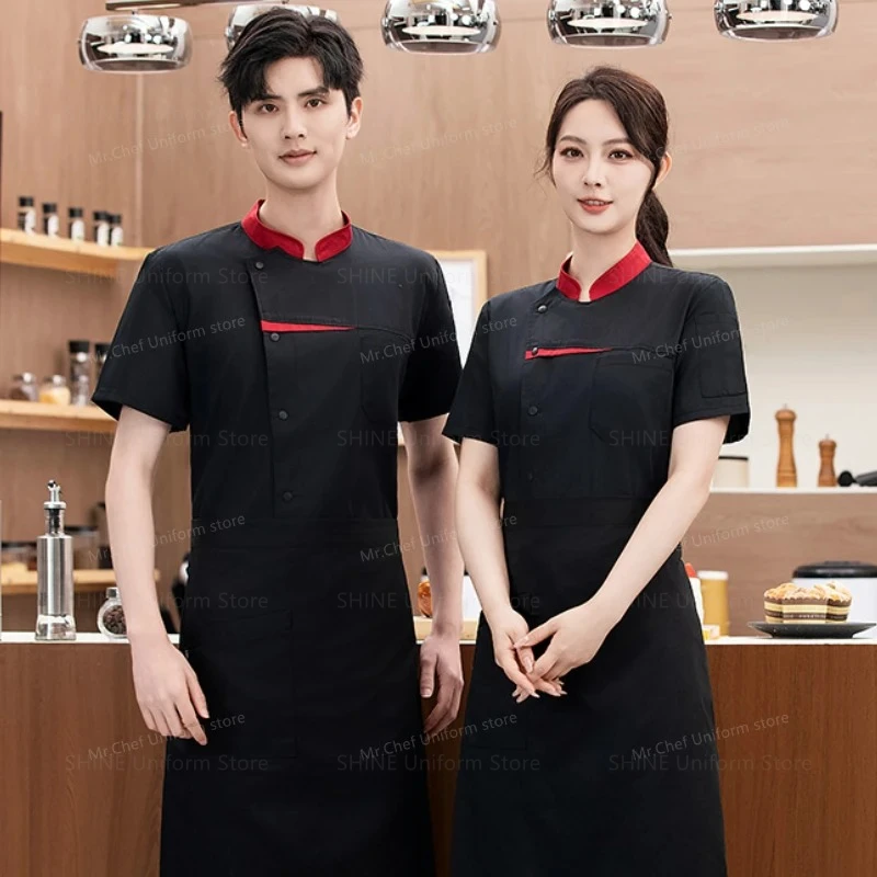 Men Restaurant Kitchen Chef coatChef short sleeve uniform Breathable Mesh Chef Jacket with apron black  women work clothes logo