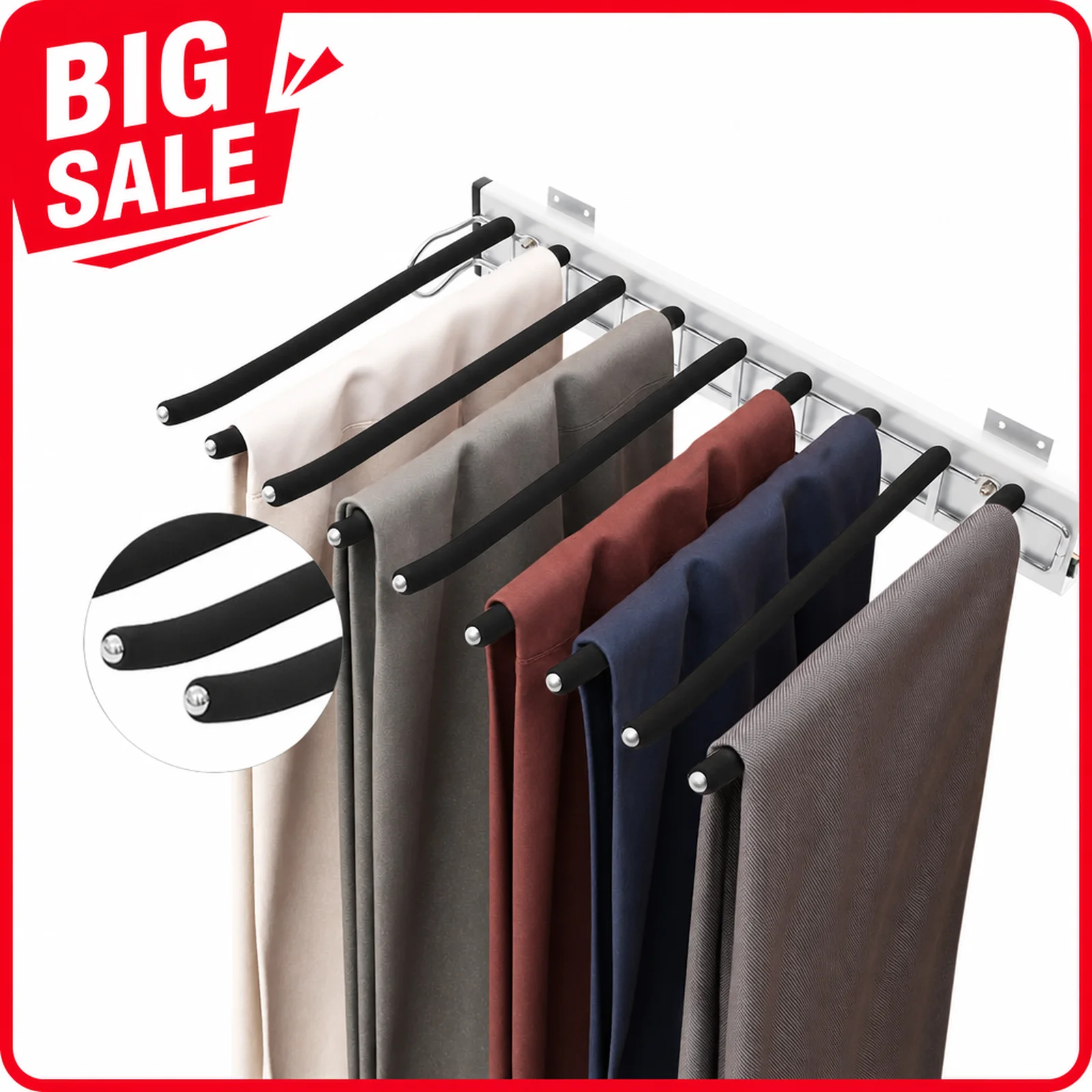 Pull Out Trousers Rack, Sliding Pants Rack, 9 Rod Wall Mounted Trouser Hanger for Wardrobe Closet, ABS Aluminum Alloy, Black Silver, Heavy Duty 35lbs