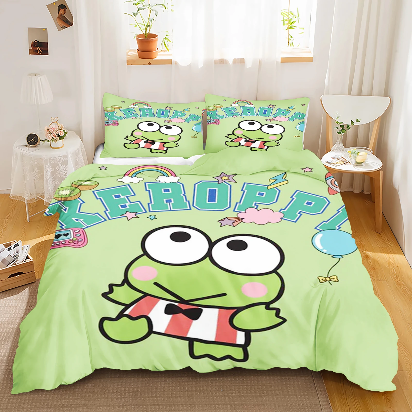 

Комплект постельного белья с мультяшным рисунком лягушки с большими глазами Кероппи: пододеяльник, наволочки для дома, для взрослых и детей