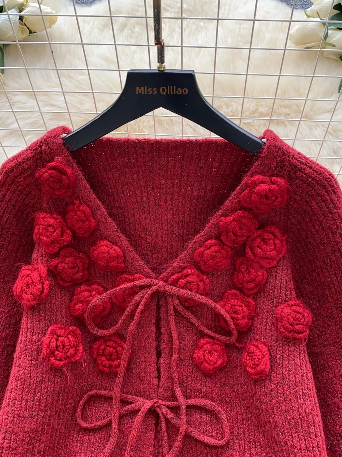Retro Red Knitted Open Cardigan Women's Loose Lazy Style Sweater Jacket 2026 New Top Warm Plant Floral Pattern round Neck