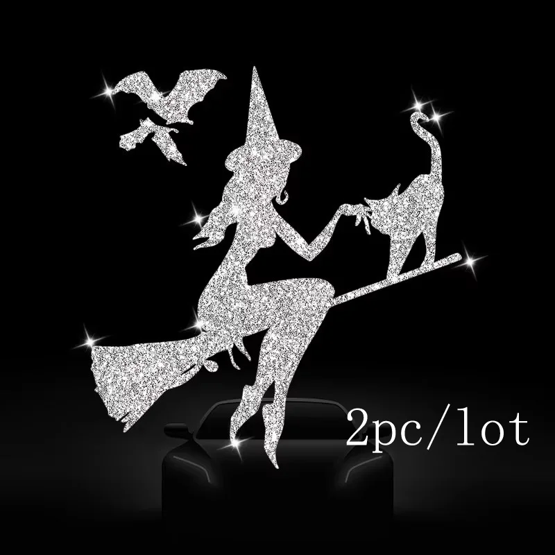 2pc/lot Halloween Car Stickers Flash Silver Decals Witch And Cat Car Stickers