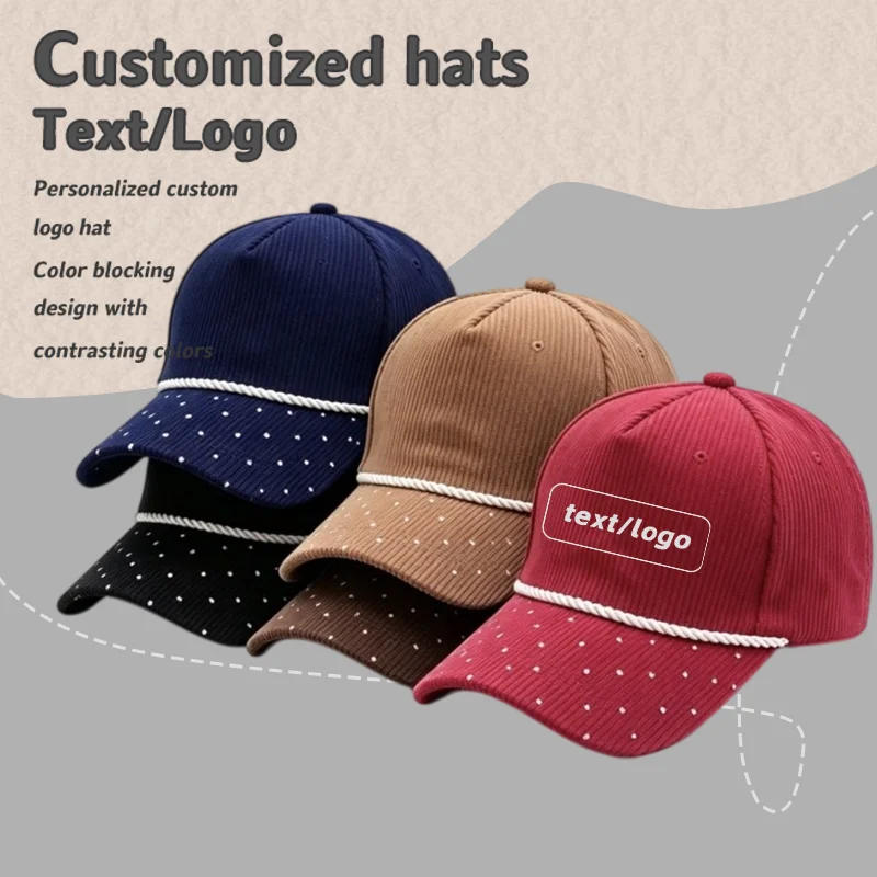 Customized Printed Embroidered Logo New Corduroy Baseball Cap Autumn and Winter Polka Dot Splicing Rope Decoration Driver Hat
