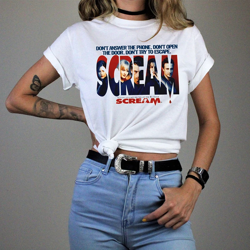 Vintage Scream Movie Women T Shirts Cotton Short Sleeve Graphic Tee O Neck  Gothic Clothes Harajuku White T-shirt Y2k Tops